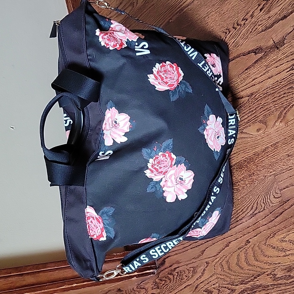 Victoria's Secret Floral Bag Overnight Duffle Tote Black Canvas Strap Carry On